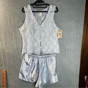 VTG Cinema Etoile Tom Bezduda Sky Blue Lace Satin Pajama Set 2pc Lingerie Large